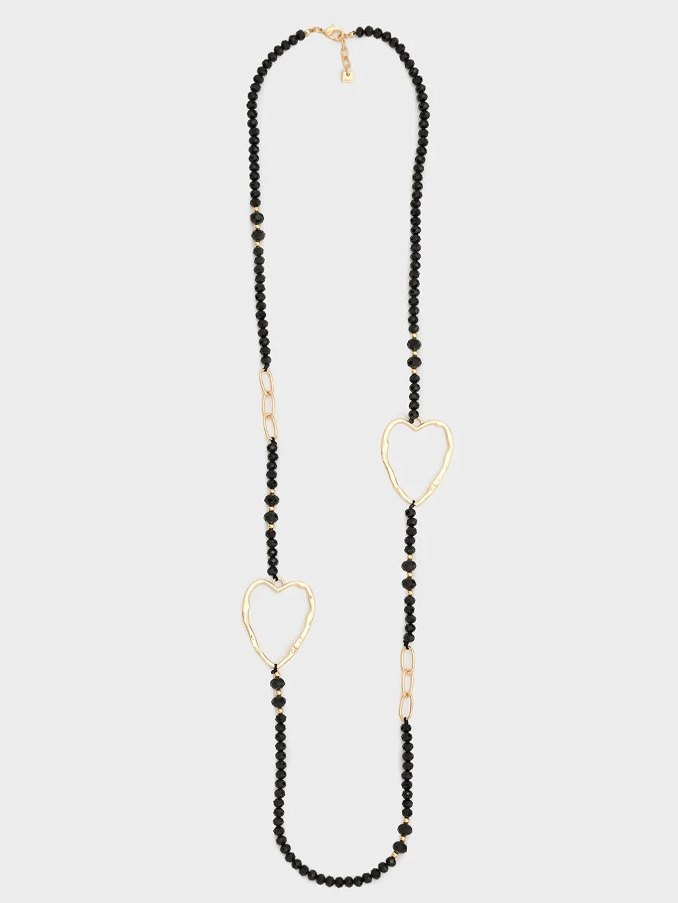 COLLANA  LUNGA CON PERLINE E CUORI ORO/NERO