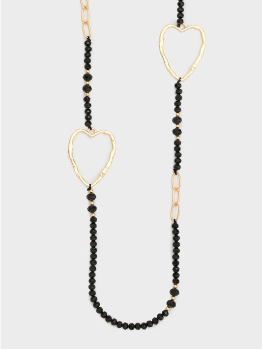 COLLANA  LUNGA CON PERLINE E CUORI ORO/NERO